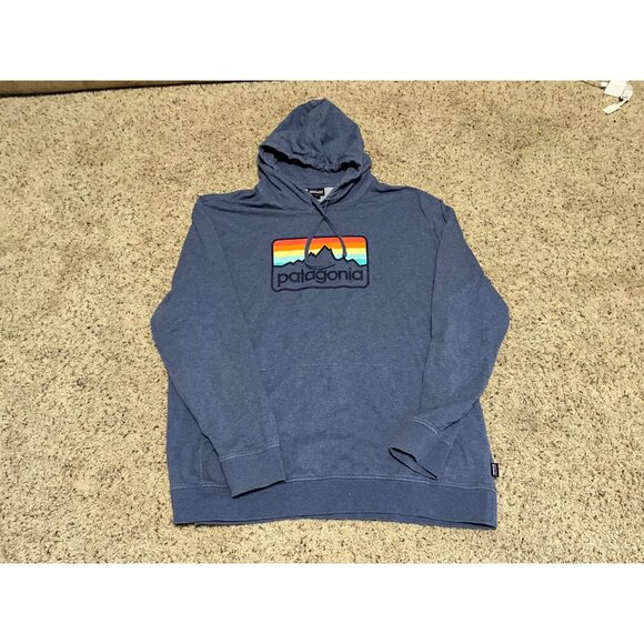 Patagonia Mens Blue Hoodie Size XXL With Rainbow Mountain Logo Graphic - Picture 4 of 13